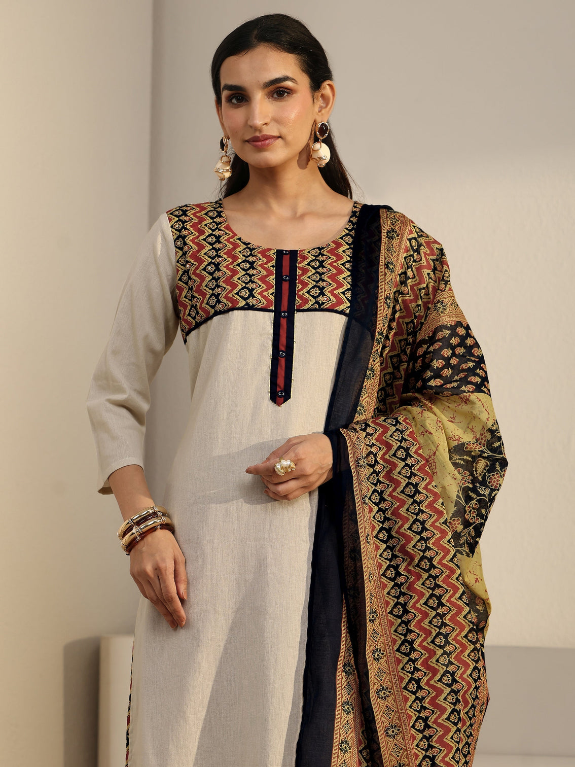 Mameraa Off White Chevron Cotton Blend Straight Suit Set