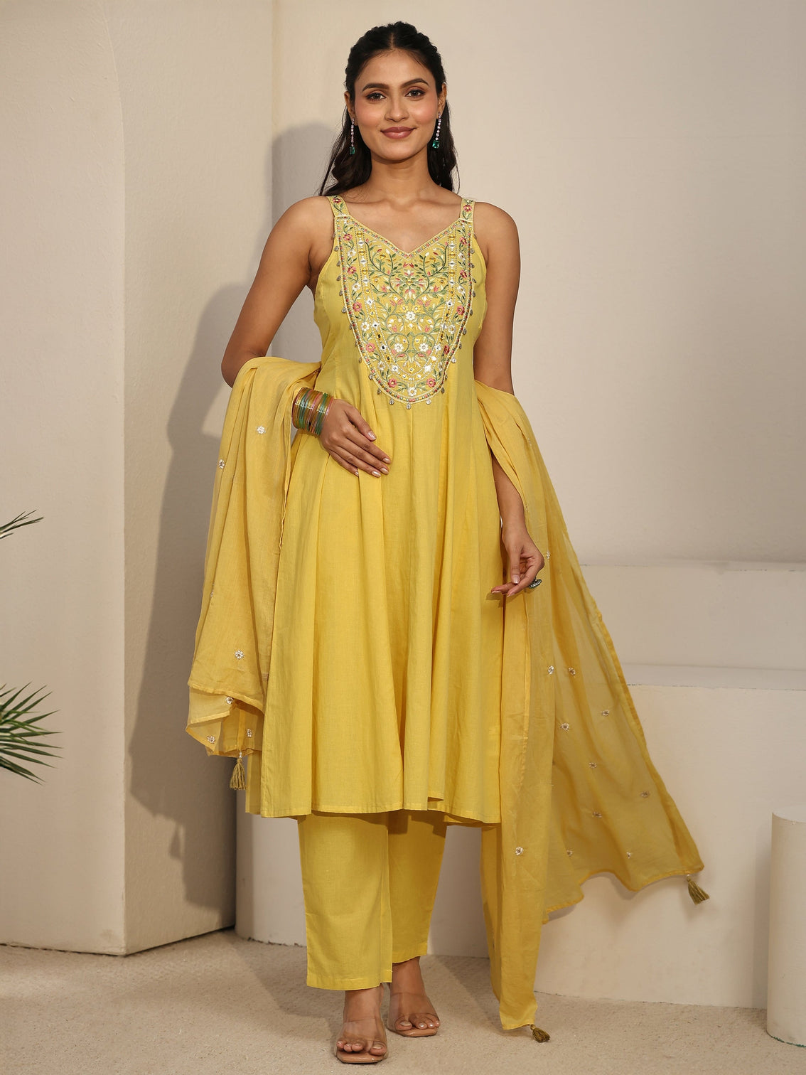 Mameraa Mustard  Strappy Yoke Embroidered Cotton A-Line Suit Set