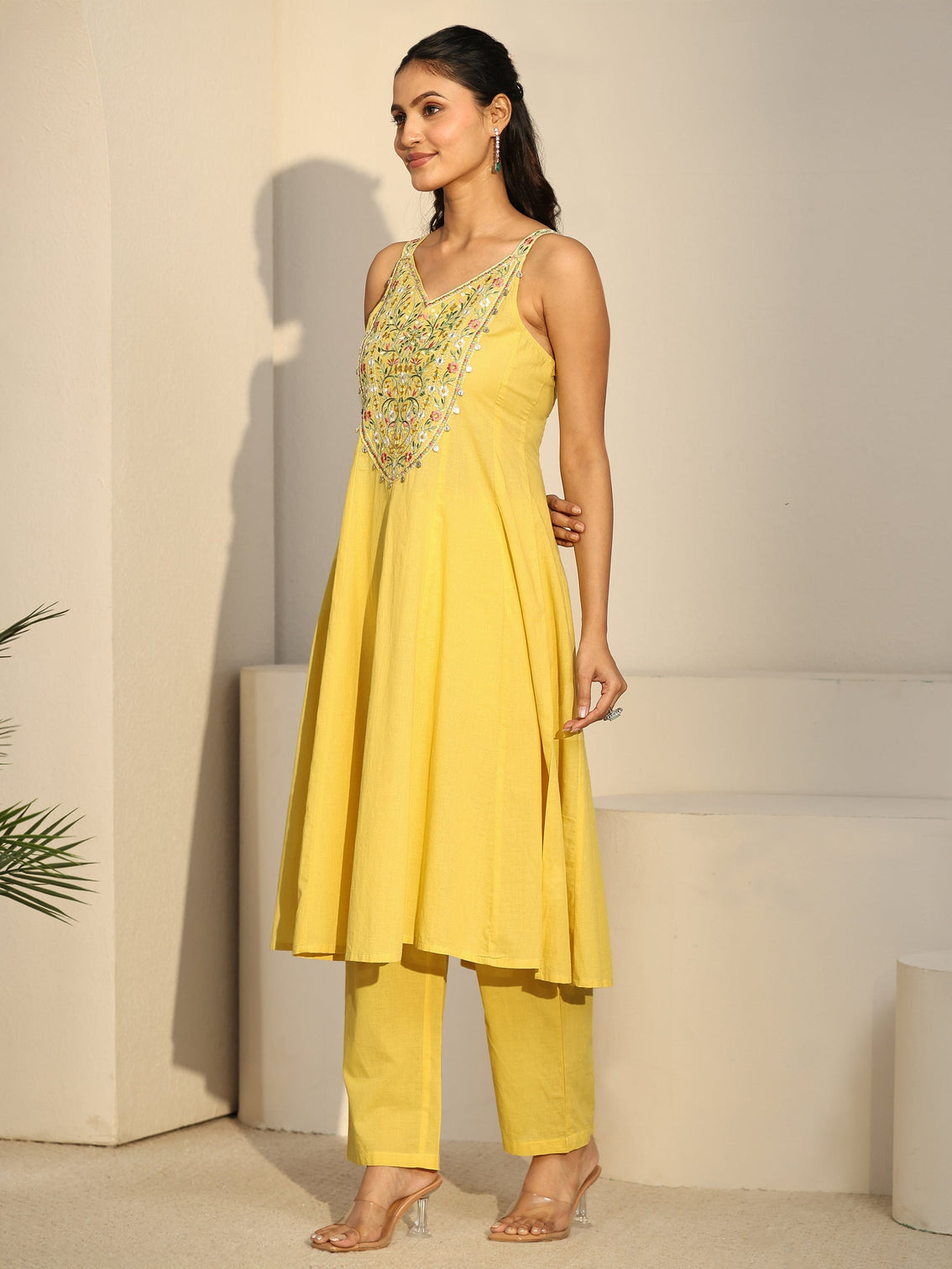 Mameraa Mustard  Strappy Yoke Embroidered Cotton A-Line Suit Set