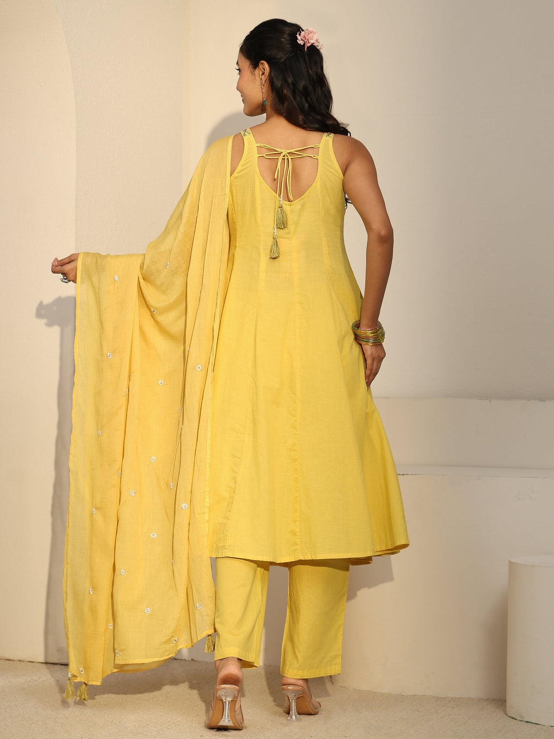 Mameraa Mustard  Strappy Yoke Embroidered Cotton A-Line Suit Set