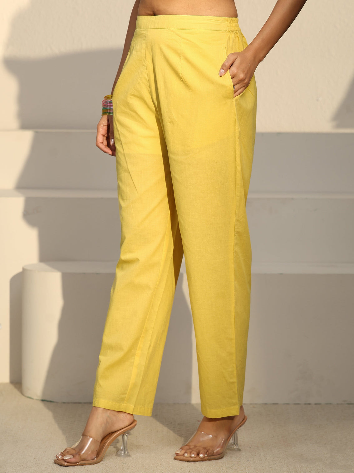 Mameraa Mustard  Strappy Yoke Embroidered Cotton A-Line Suit Set