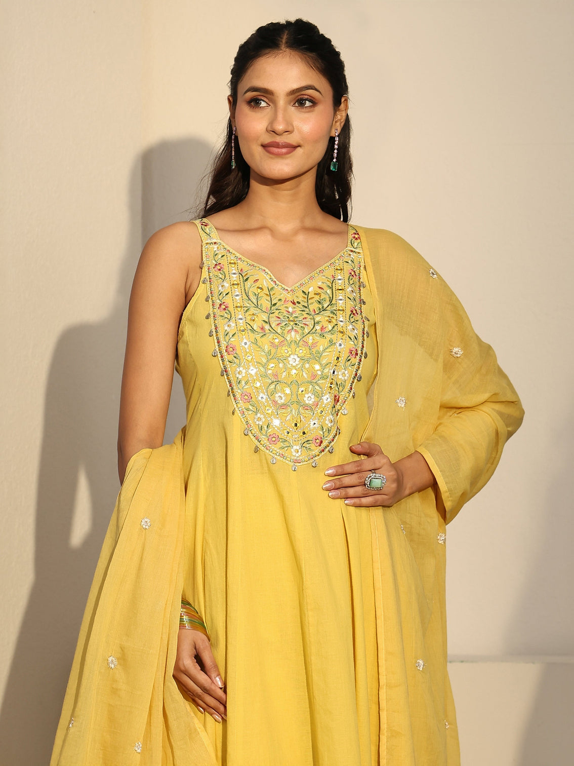 Mameraa Mustard  Strappy Yoke Embroidered Cotton A-Line Suit Set