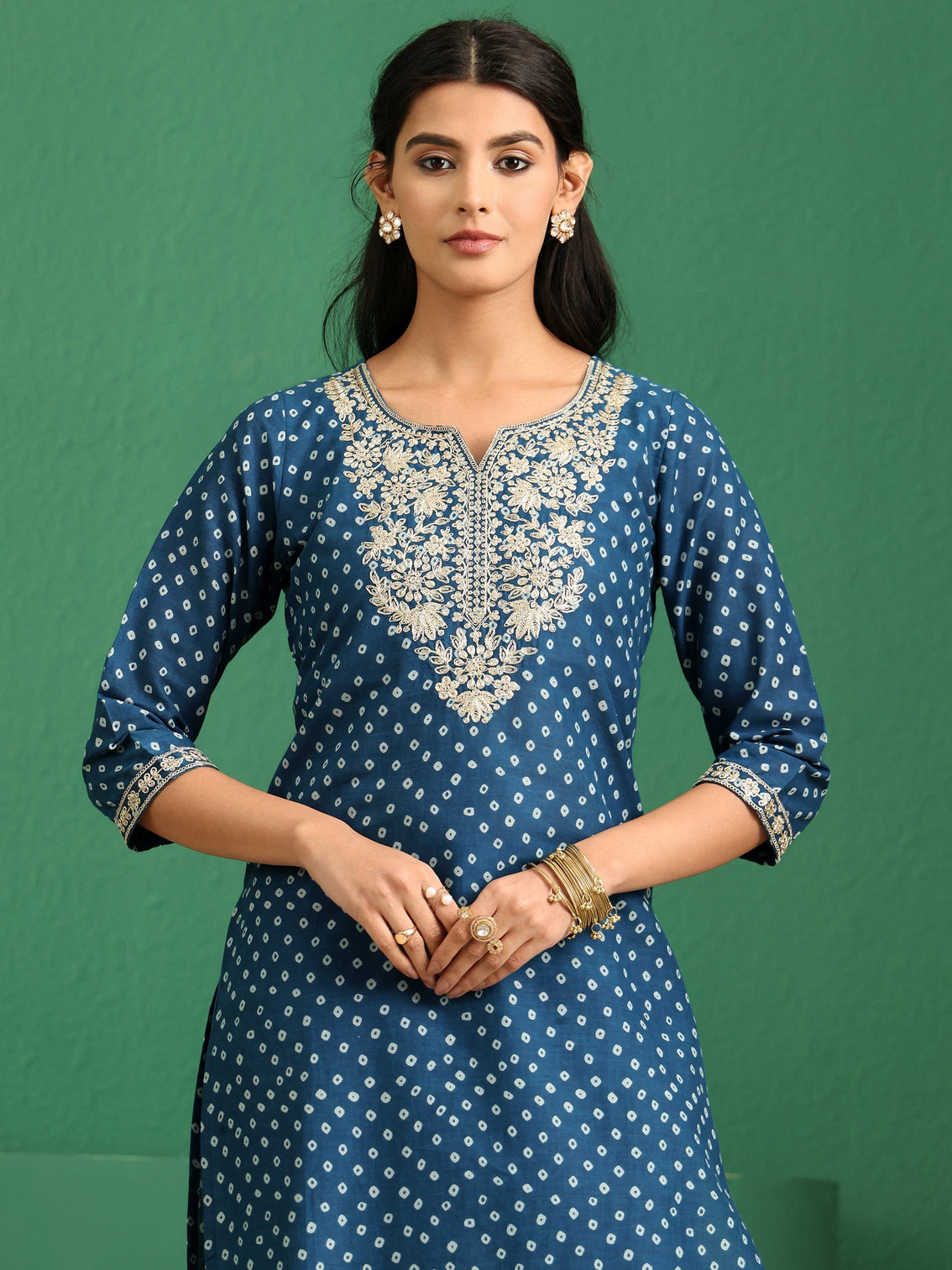 Mameraa Peacock Blue Bandhani Cotton Straight Suit Set