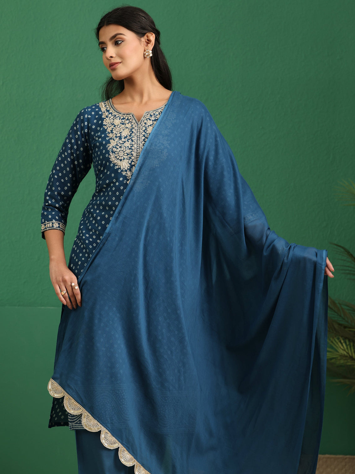 Mameraa Peacock Blue Bandhani Cotton Straight Suit Set