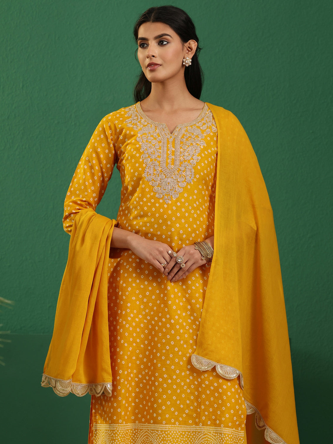 Mameraa Mustard Bandhani Cotton Straight Suit Set