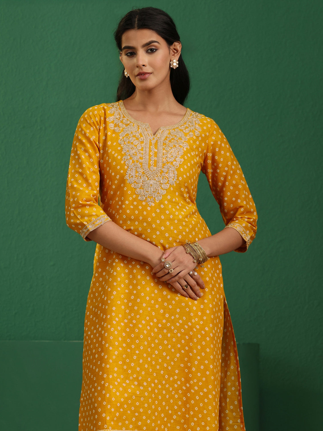 Mameraa Mustard Bandhani Cotton Straight Suit Set