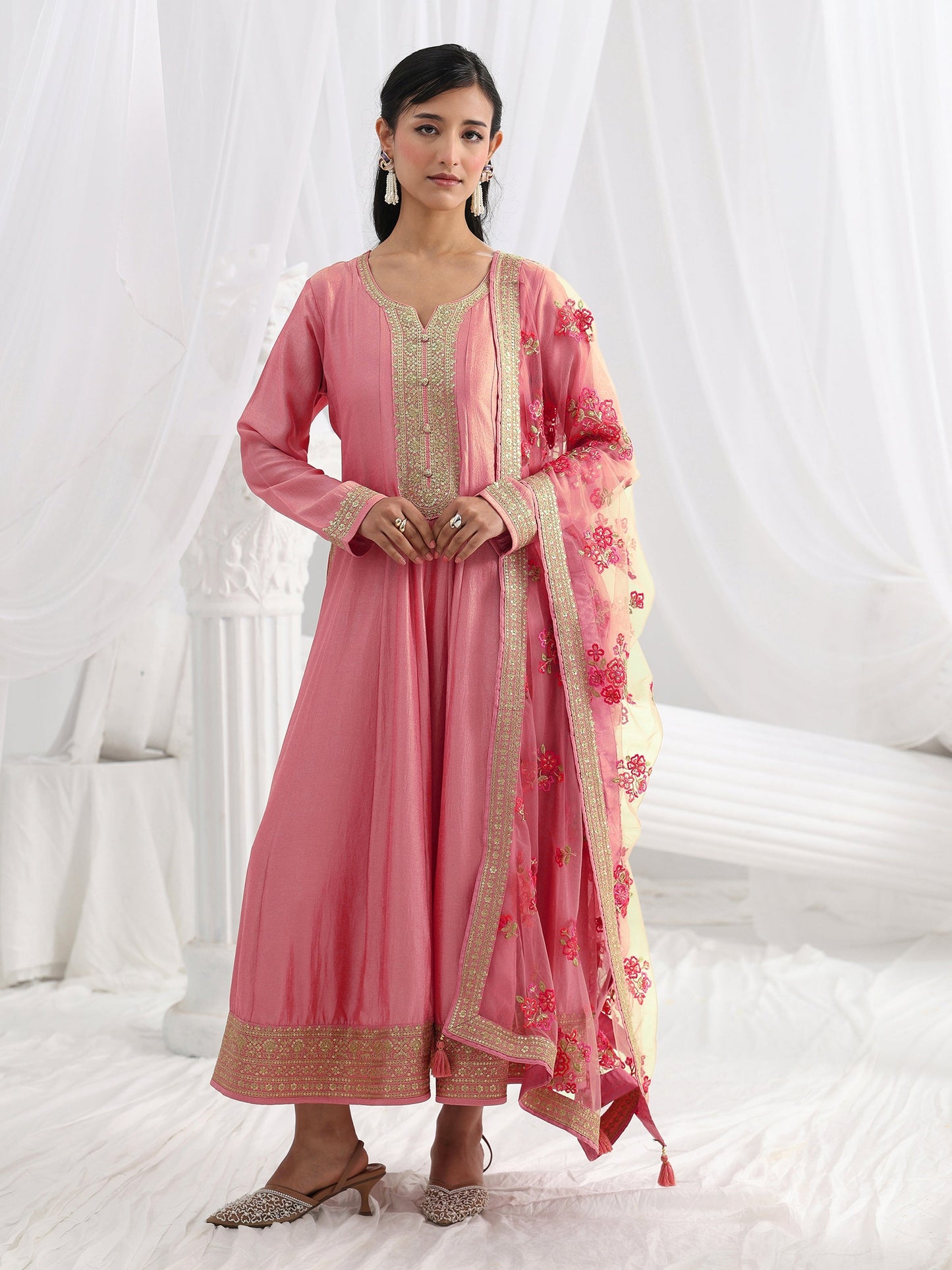 Libas Pink Embroidered Silk A-Line Gown With Dupatta