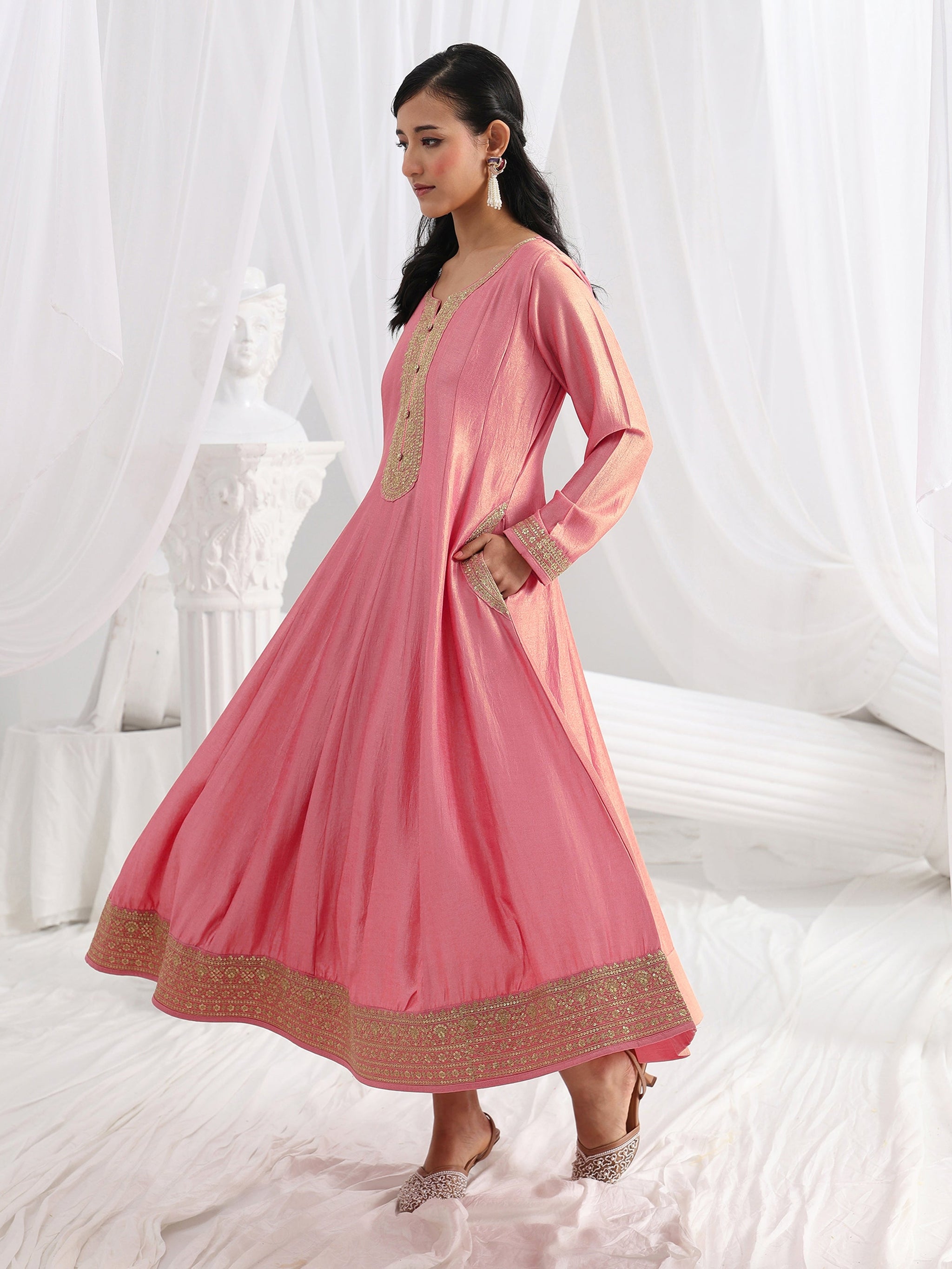 Libas Pink Embroidered Silk A-Line Gown With Dupatta