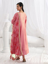 Libas Pink Embroidered Silk A-Line Gown With Dupatta