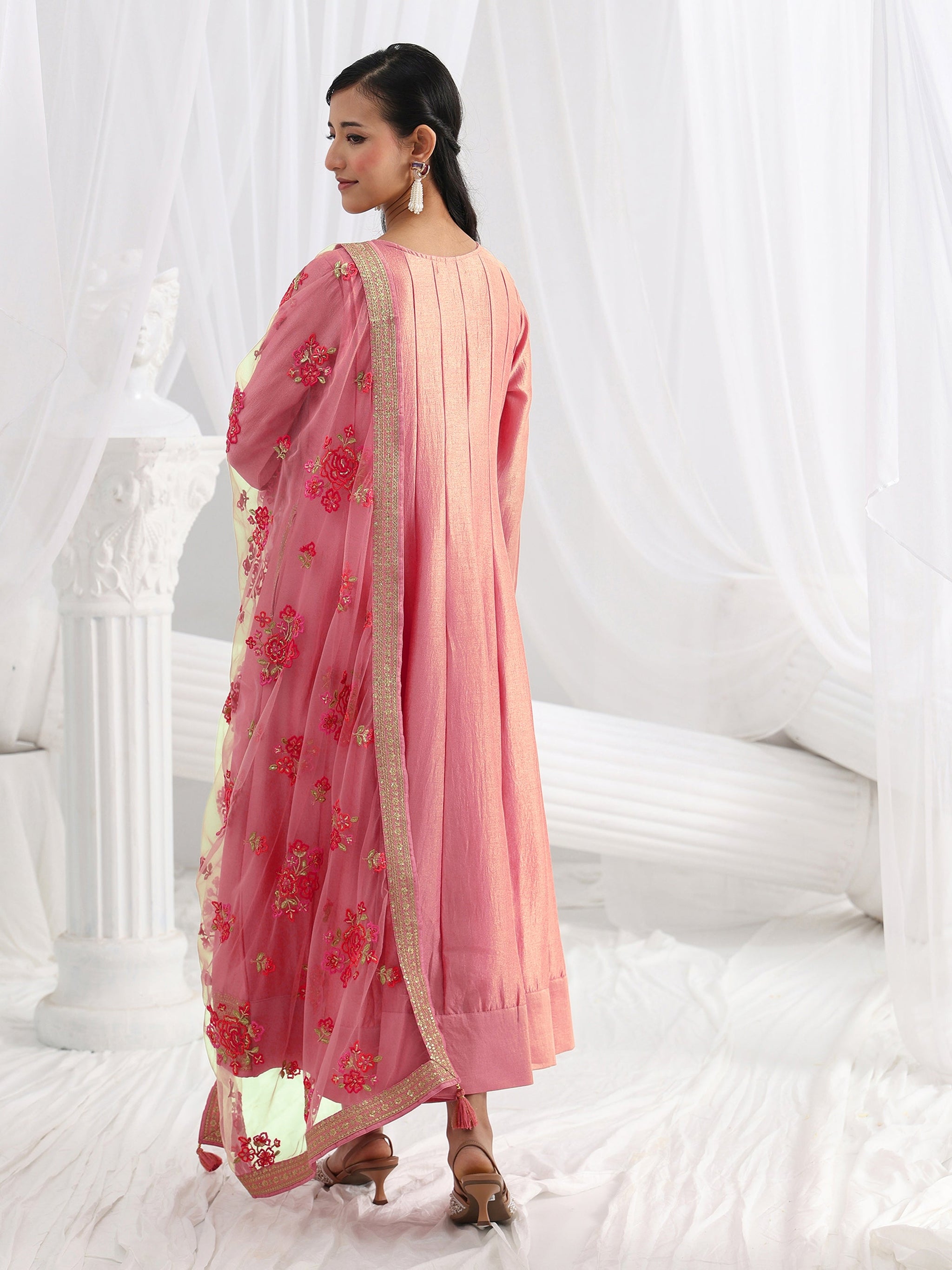 Libas Pink Embroidered Silk A-Line Gown With Dupatta
