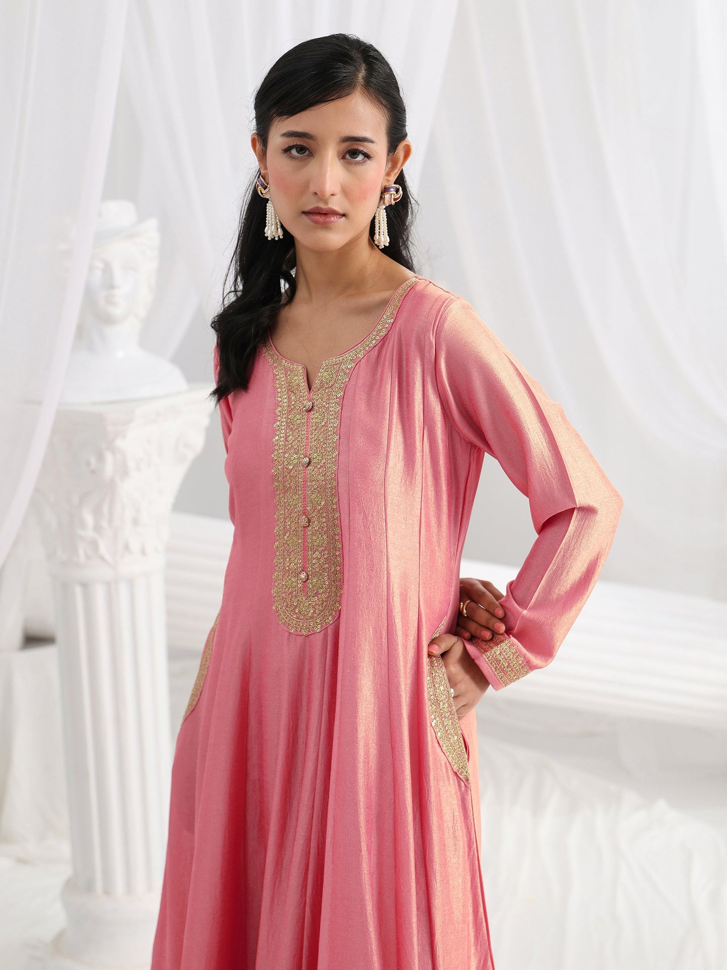Libas Pink Embroidered Silk A-Line Gown With Dupatta
