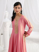 Libas Pink Embroidered Silk A-Line Gown With Dupatta