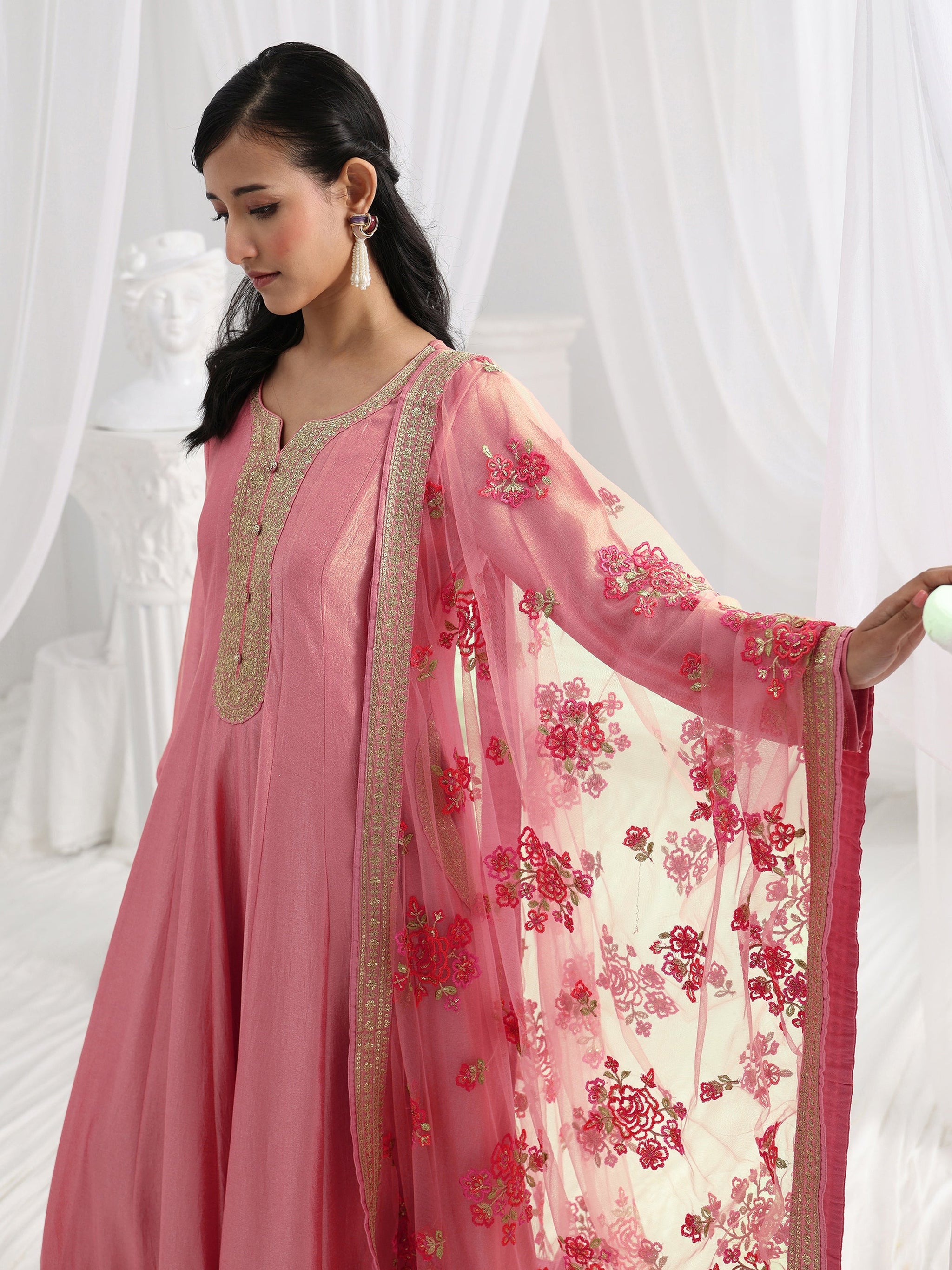 Libas Pink Embroidered Silk A-Line Gown With Dupatta