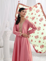 Libas Pink Embroidered Silk A-Line Gown With Dupatta