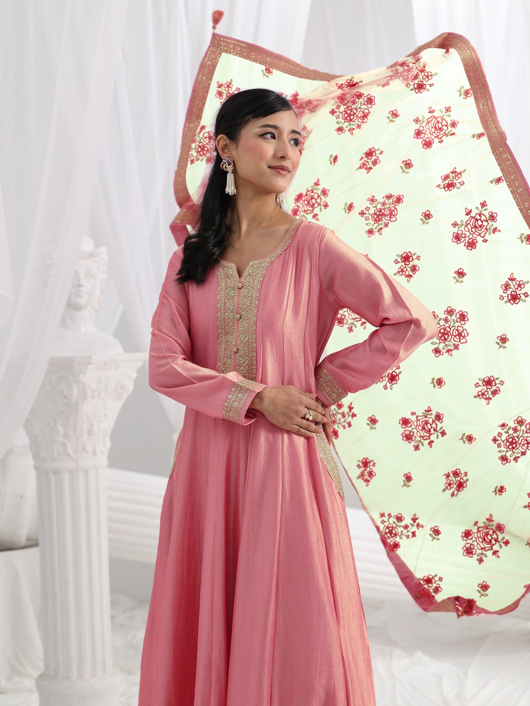 Libas Pink Embroidered Silk A-Line Gown With Dupatta