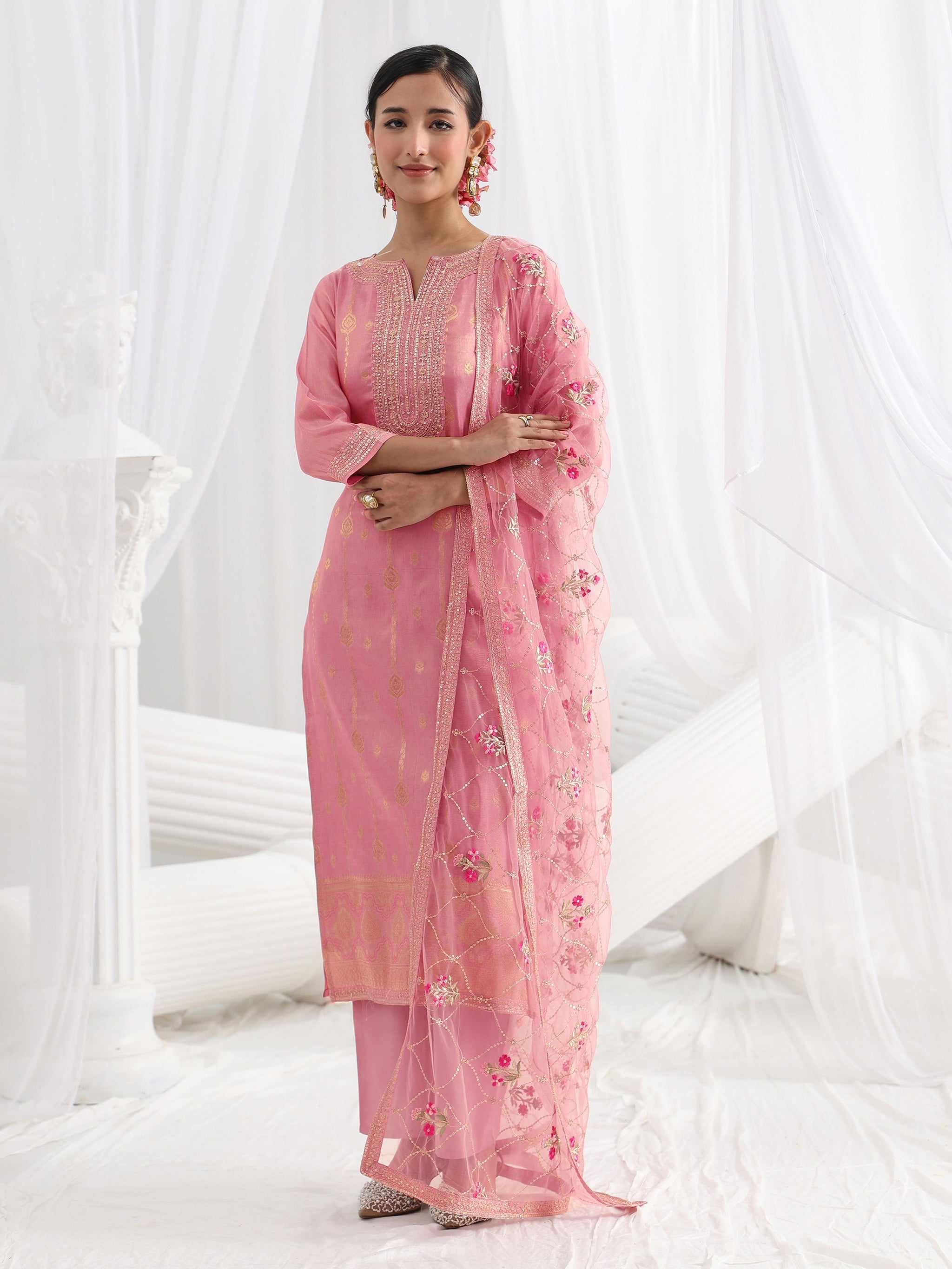 Libas Pink Woven Design Silk Blend Straight Suit Set With Dupatta