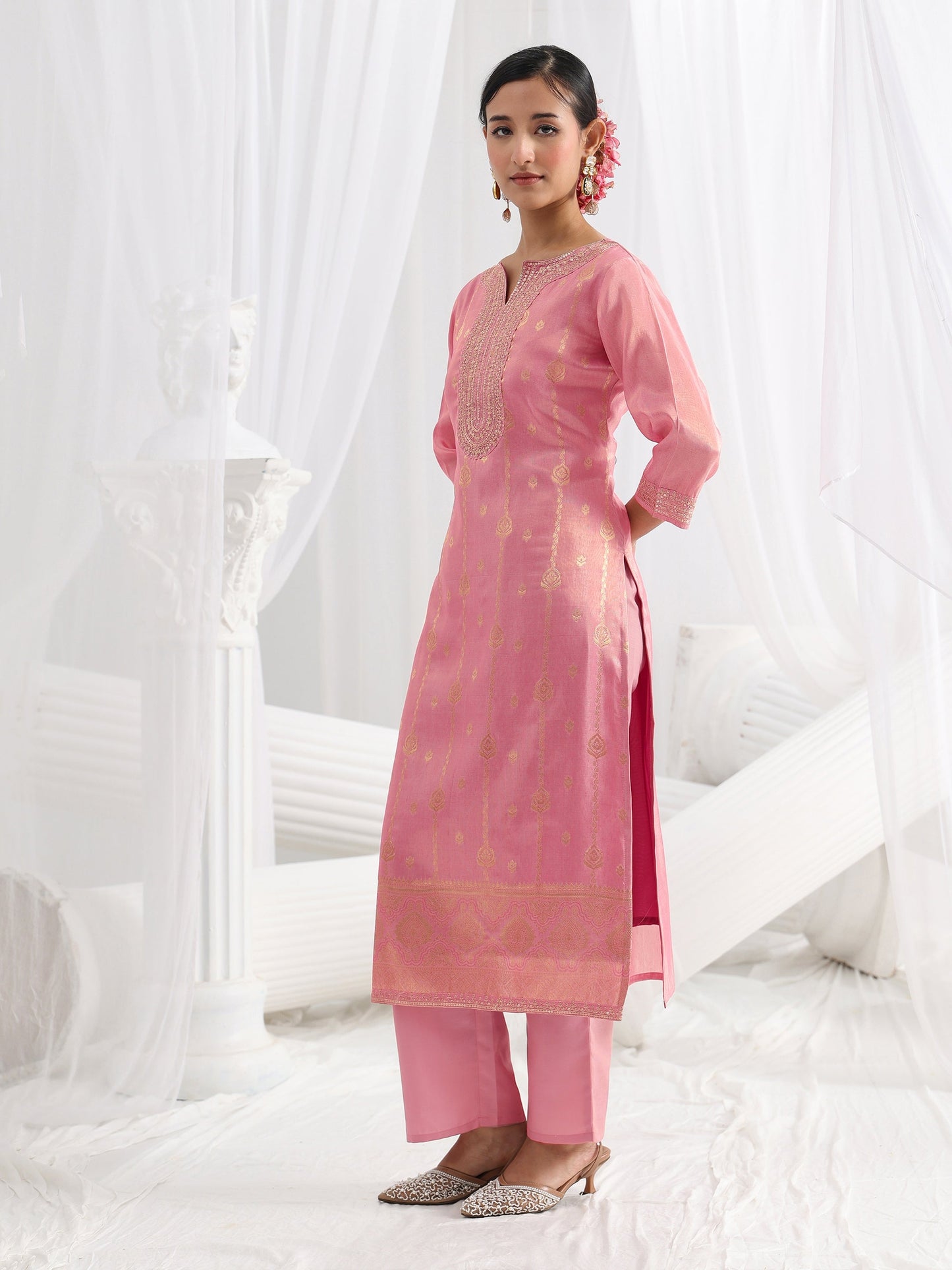 Libas Pink Woven Design Silk Blend Straight Suit Set With Dupatta