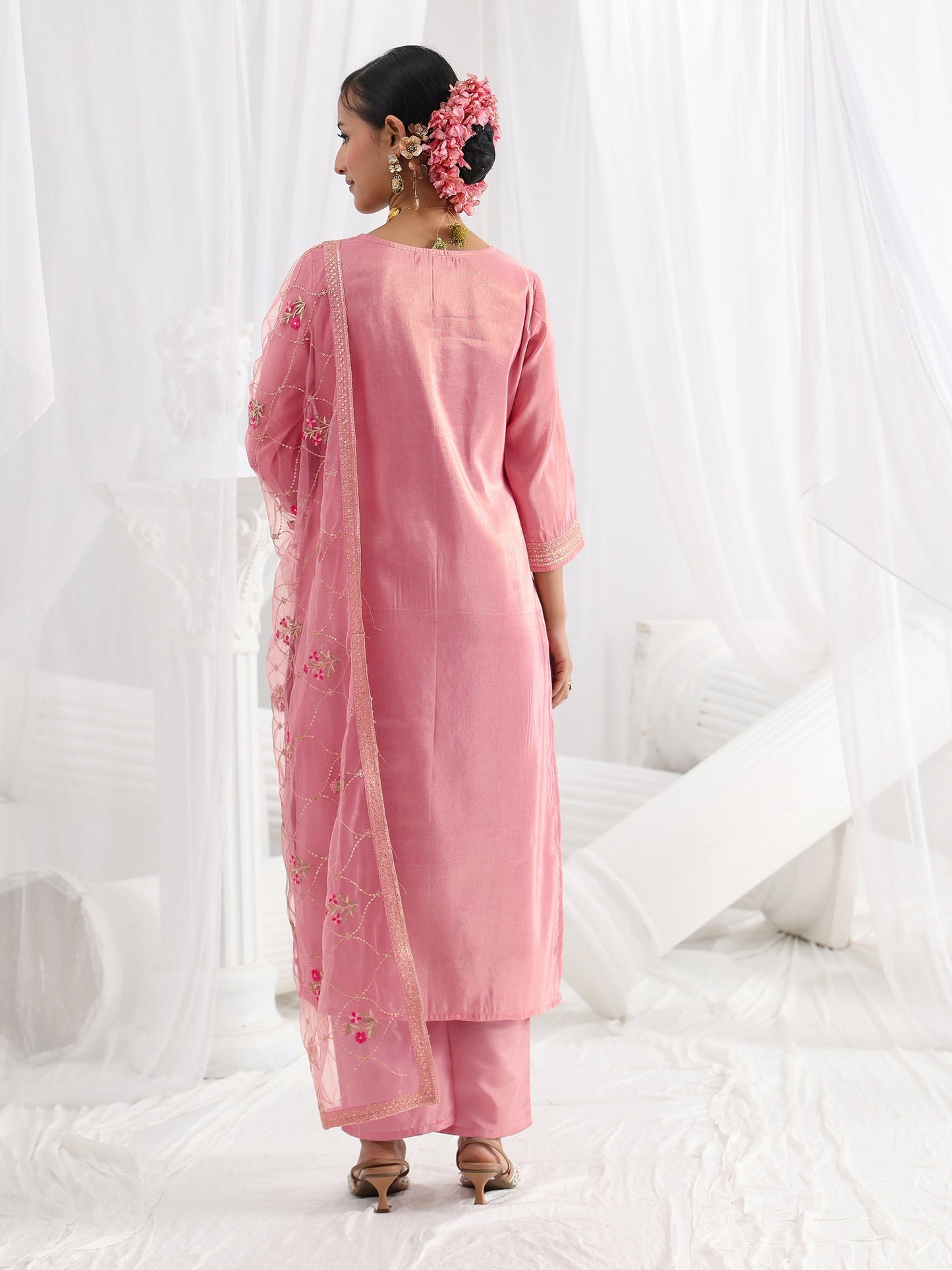 Libas Pink Woven Design Silk Blend Straight Suit Set With Dupatta