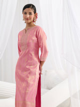 Libas Pink Woven Design Silk Blend Straight Suit Set With Dupatta