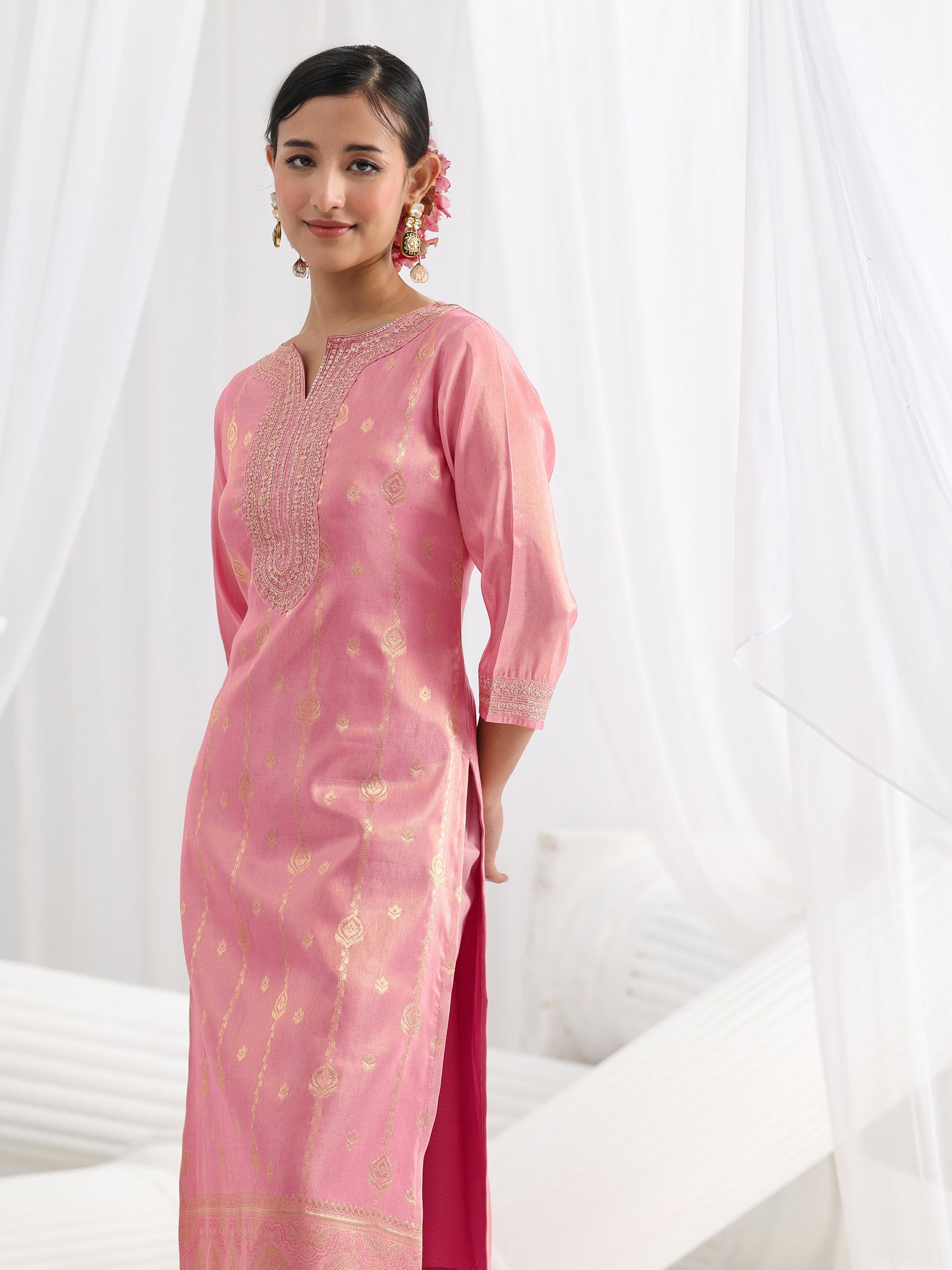 Libas Pink Woven Design Silk Blend Straight Suit Set With Dupatta