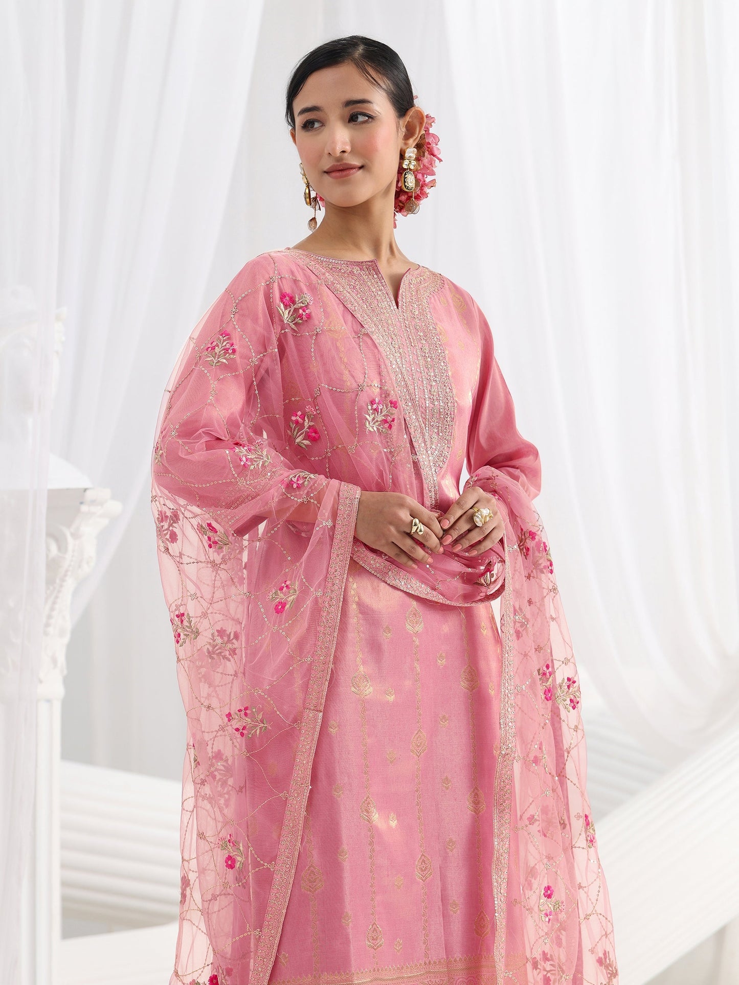 Libas Pink Woven Design Silk Blend Straight Suit Set With Dupatta