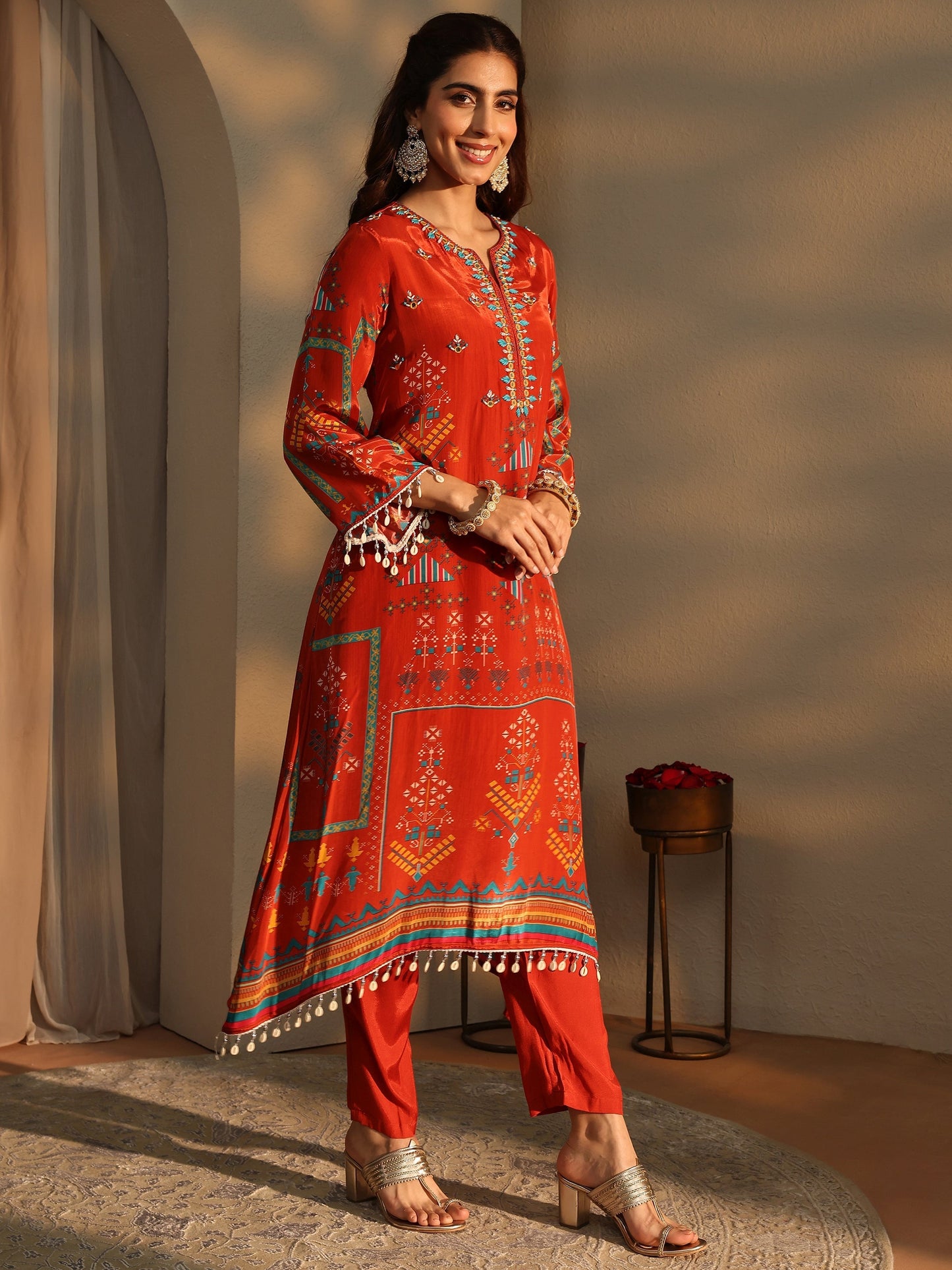 Libas Orange Ethnic Motifs Printed Silk Crepe Straight Suit Set With Dupatta