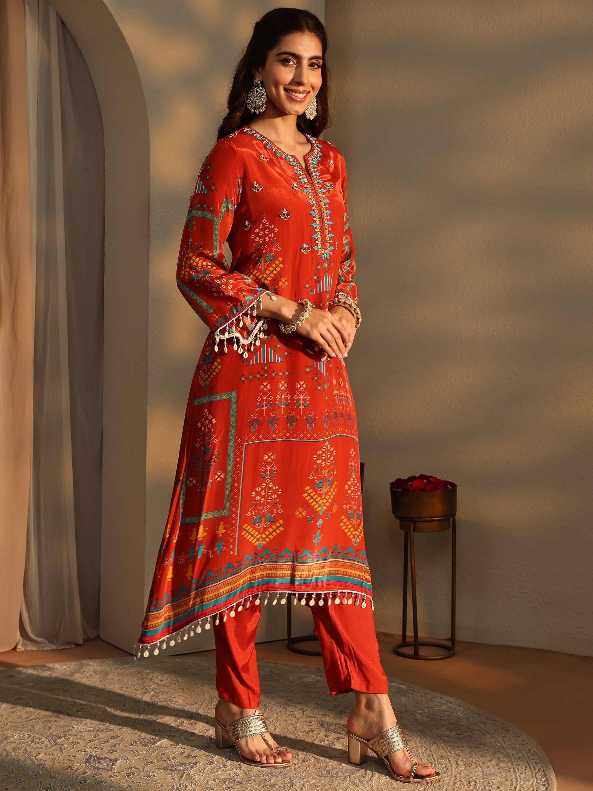 Libas Orange Ethnic Motifs Printed Silk Crepe Straight Suit Set With Dupatta