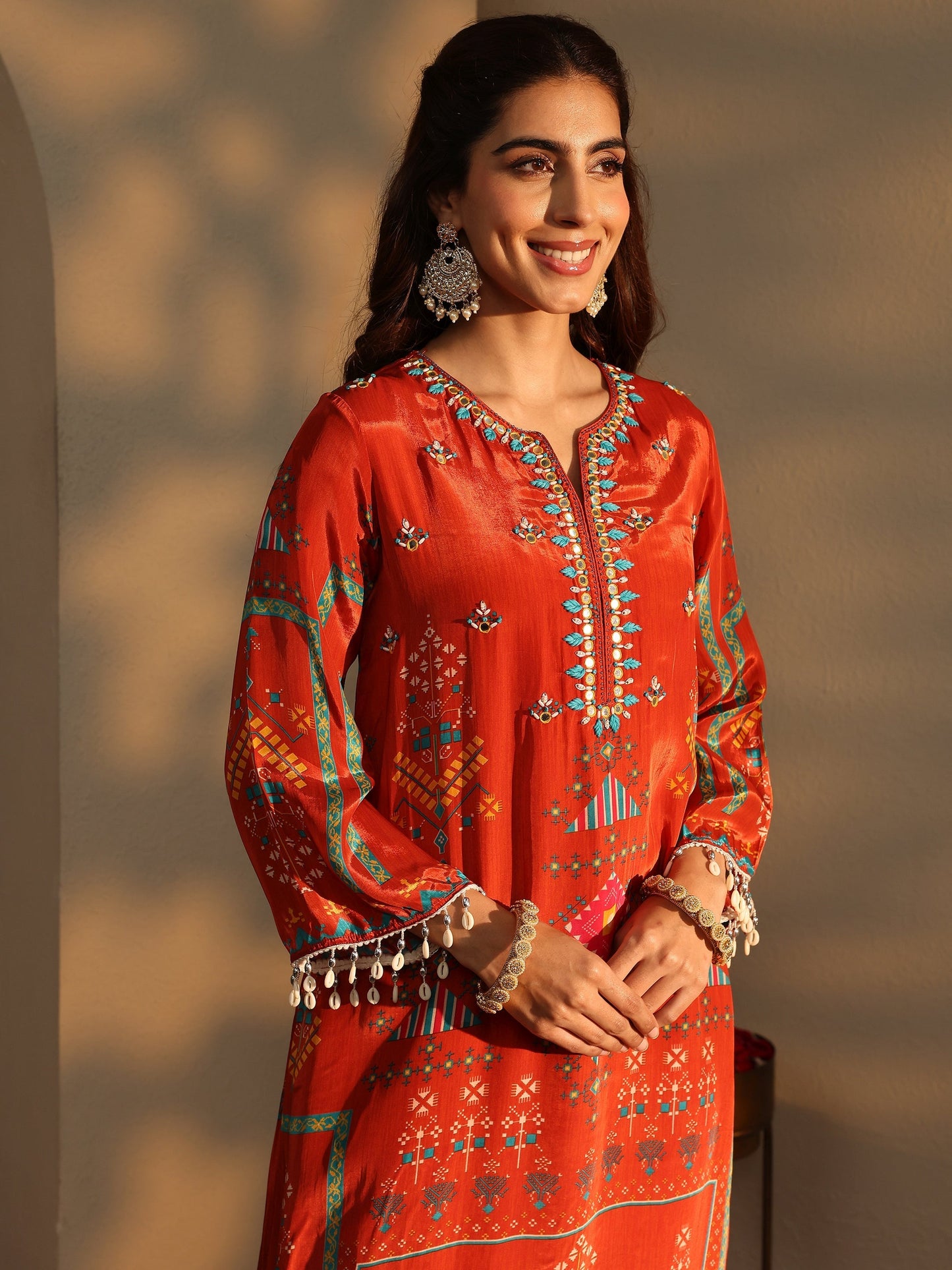Libas Orange Ethnic Motifs Printed Silk Crepe Straight Suit Set With Dupatta