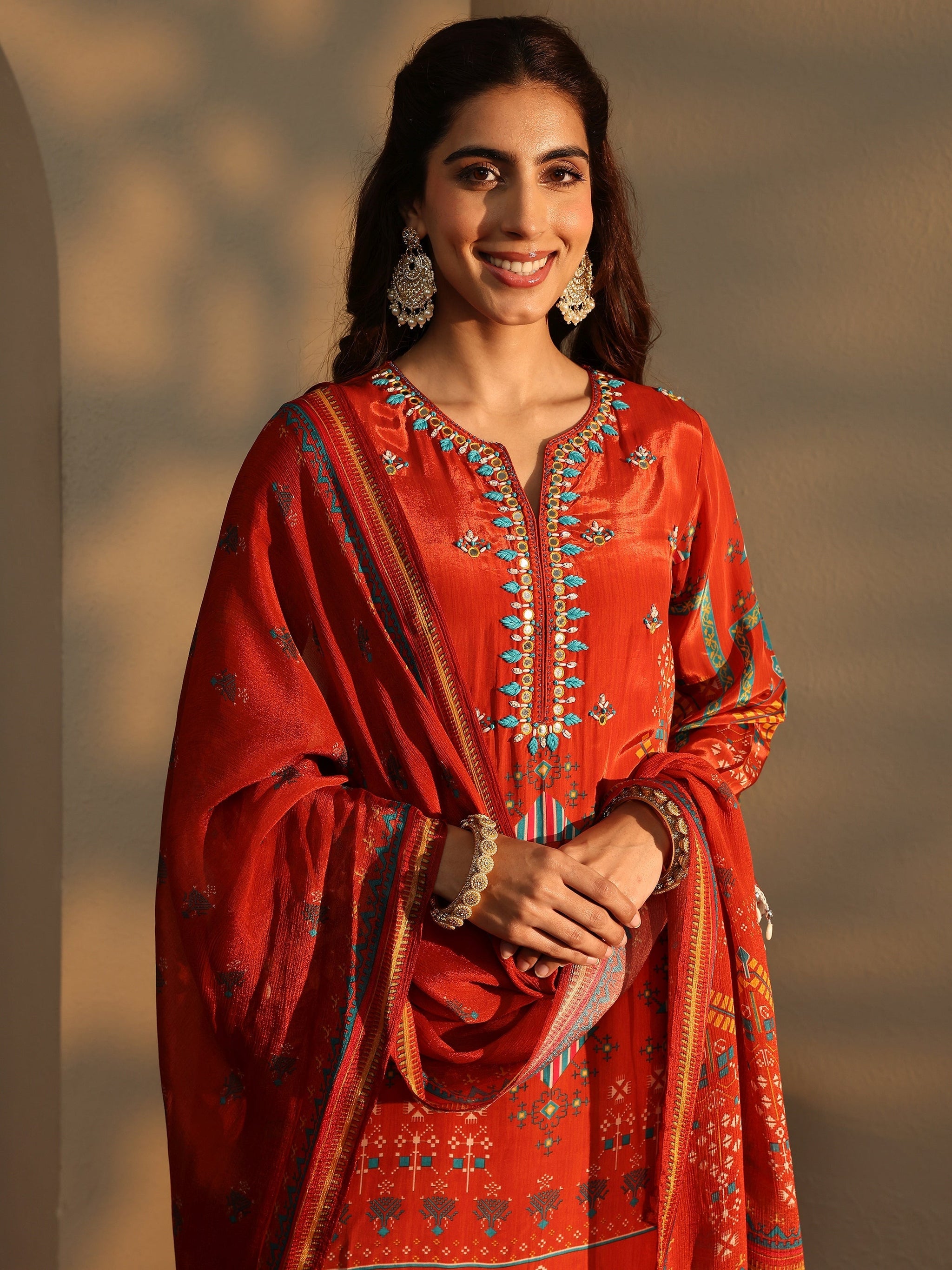 Libas Orange Ethnic Motifs Printed Silk Crepe Straight Suit Set With Dupatta