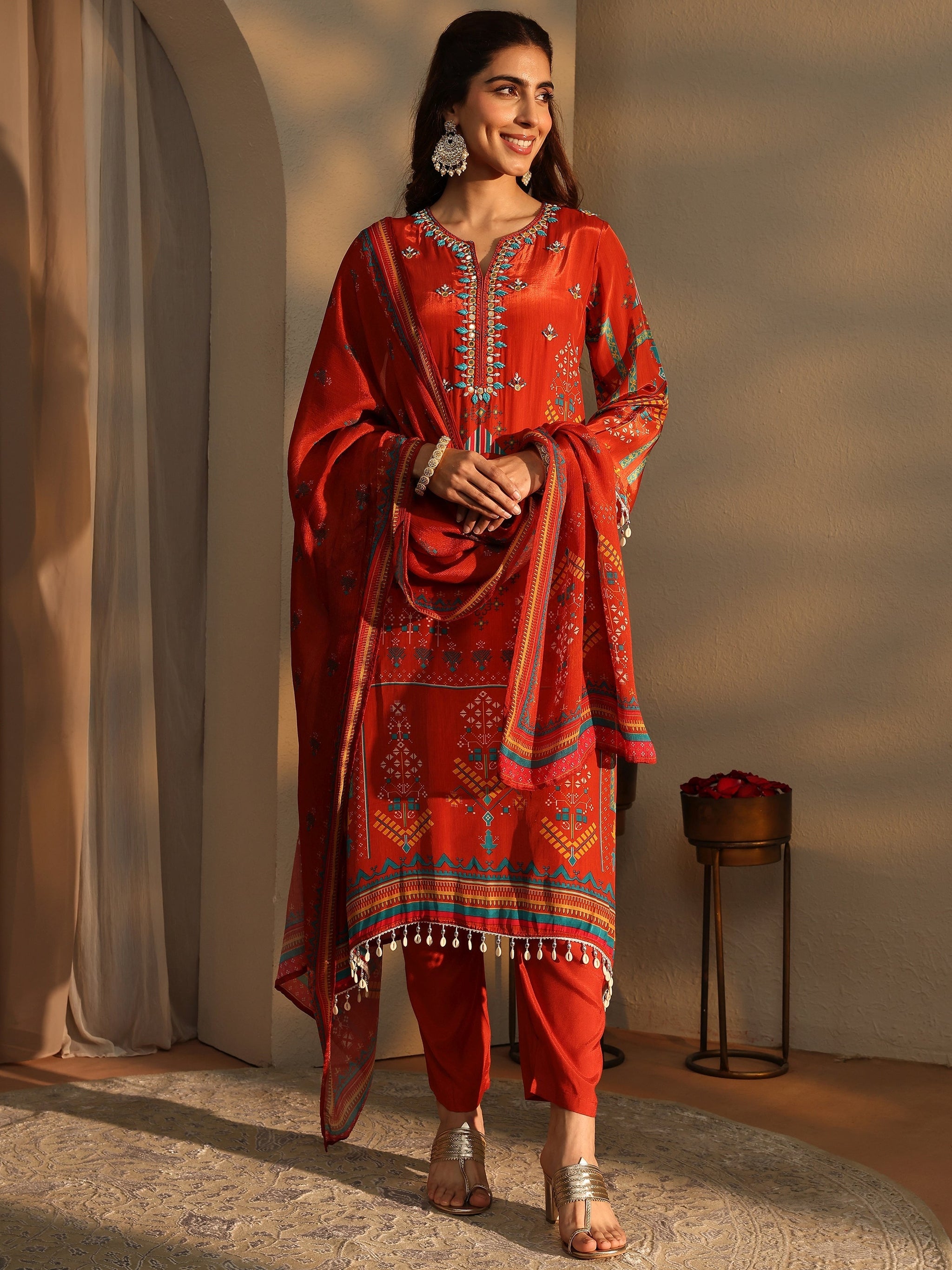 Libas Orange Ethnic Motifs Printed Silk Crepe Straight Suit Set With Dupatta