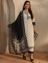 Libas Off White Floral Woven Design Cotton Blend Straight Suit Set With Dupatta