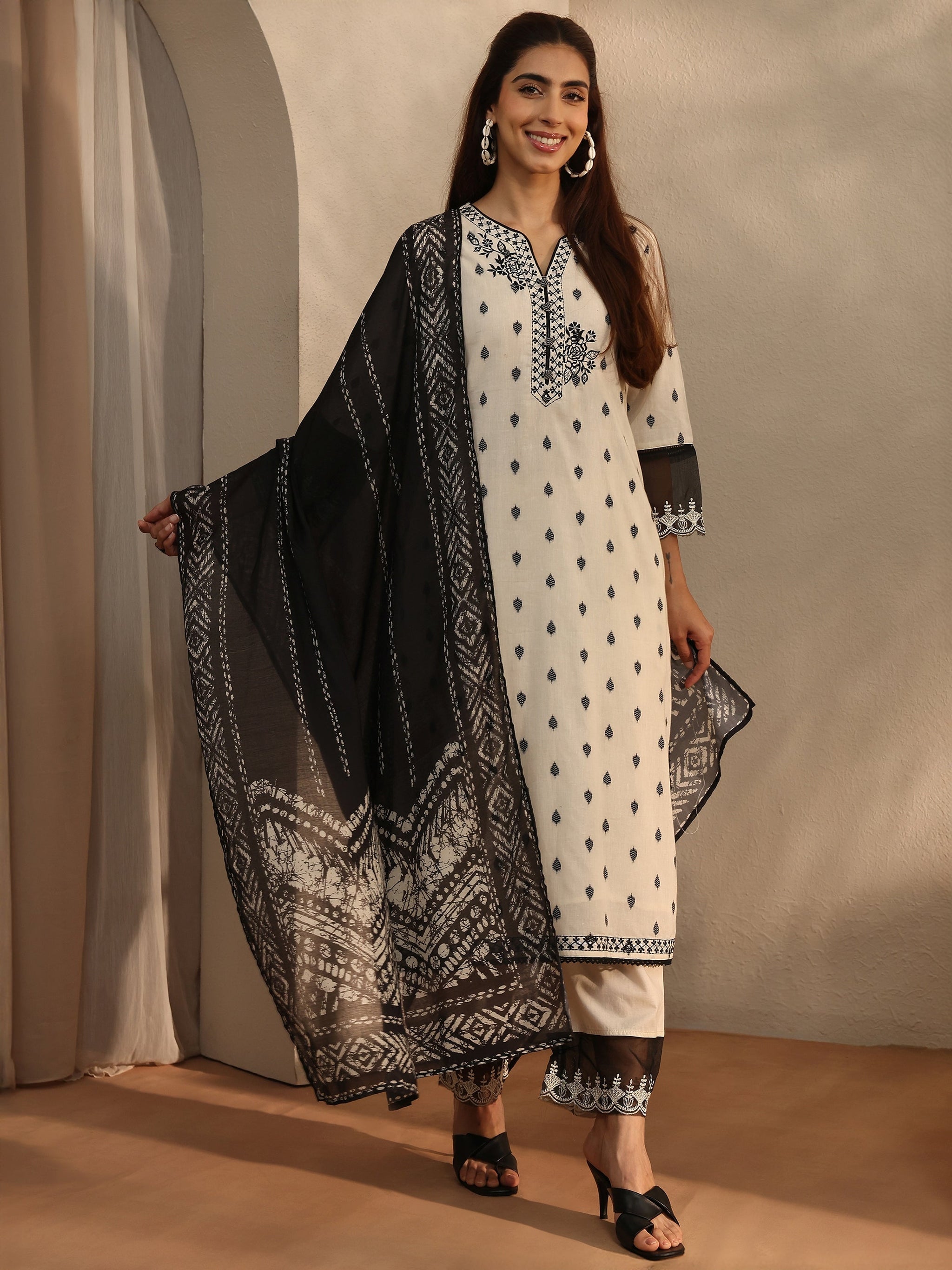 Libas Off White Floral Woven Design Cotton Blend Straight Suit Set With Dupatta