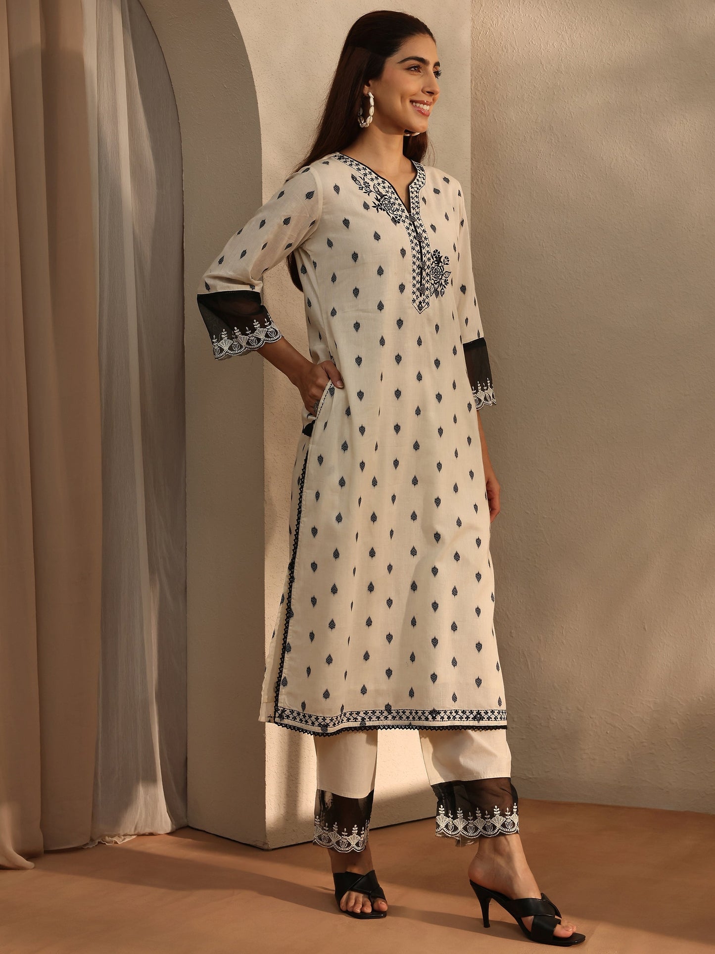 Libas Off White Floral Woven Design Cotton Blend Straight Suit Set With Dupatta