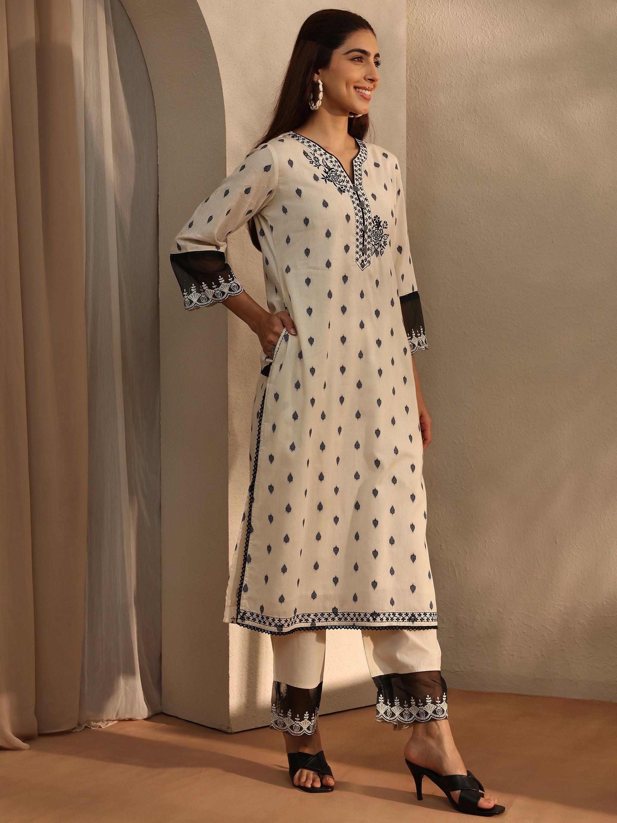 Libas Off White Floral Woven Design Cotton Blend Straight Suit Set With Dupatta