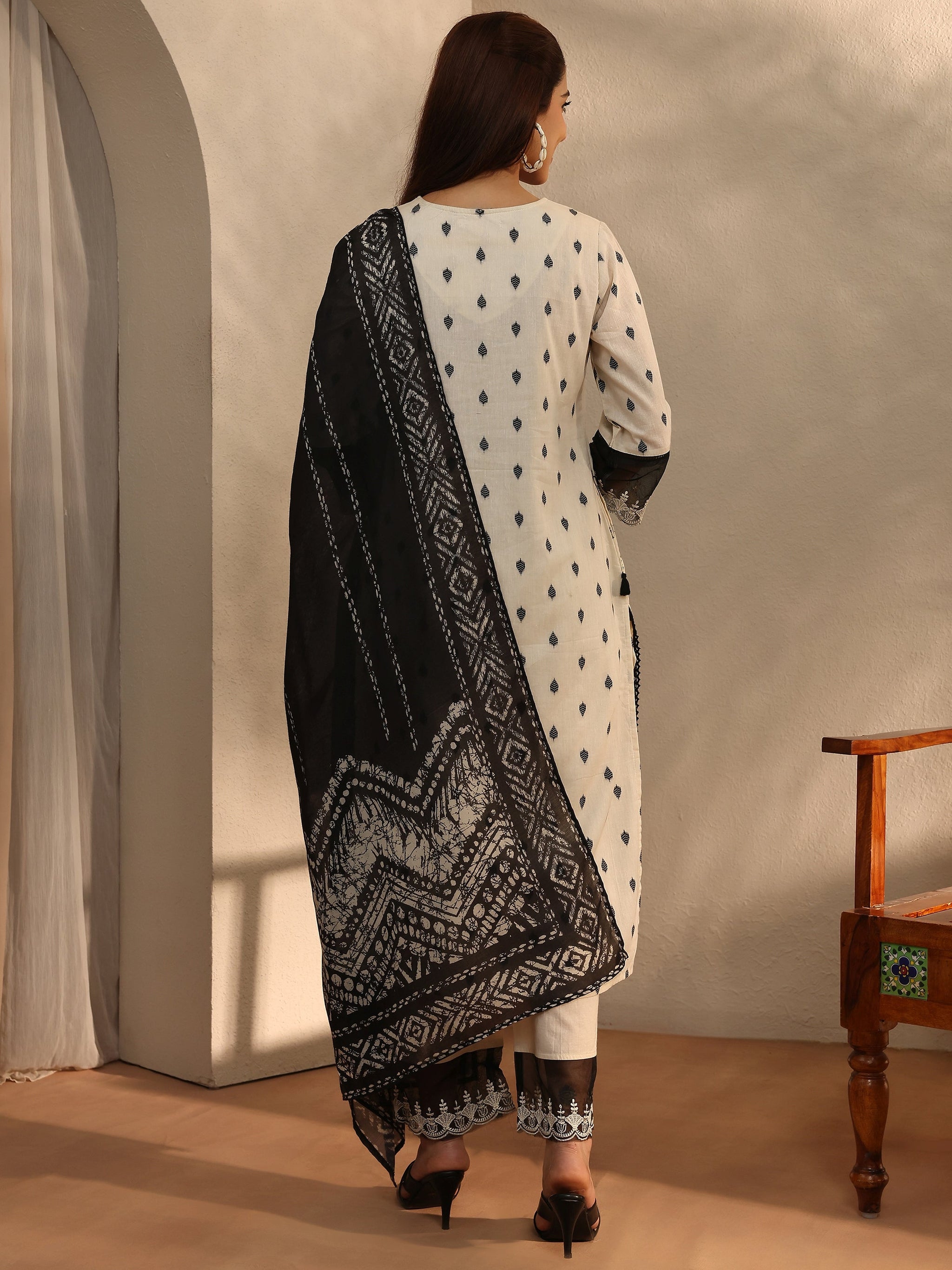 Libas Off White Floral Woven Design Cotton Blend Straight Suit Set With Dupatta