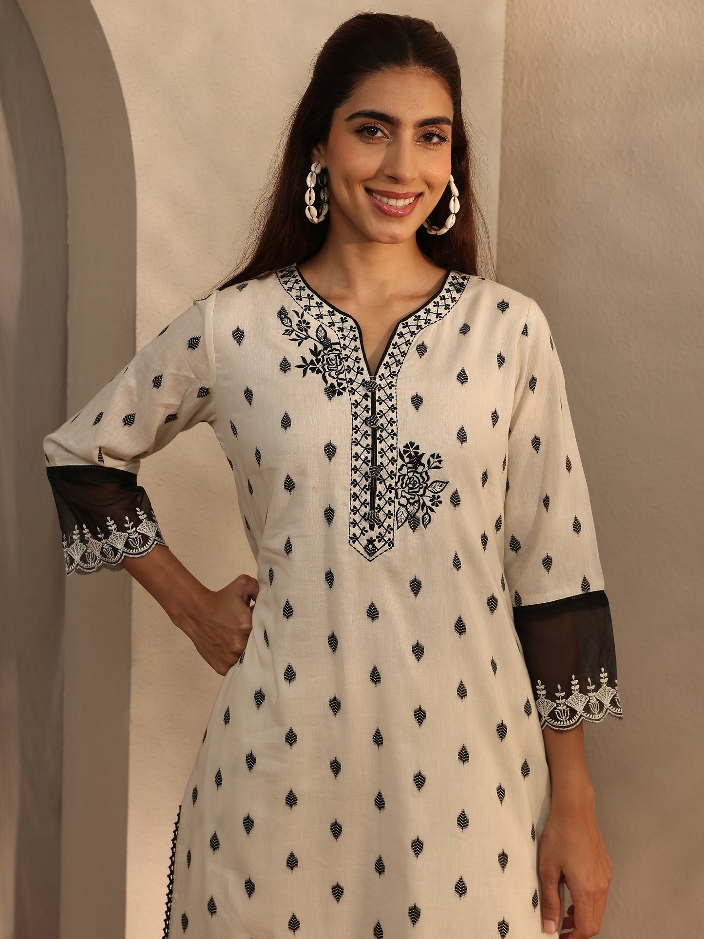Libas Off White Floral Woven Design Cotton Blend Straight Suit Set With Dupatta