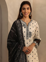 Libas Off White Floral Woven Design Cotton Blend Straight Suit Set With Dupatta