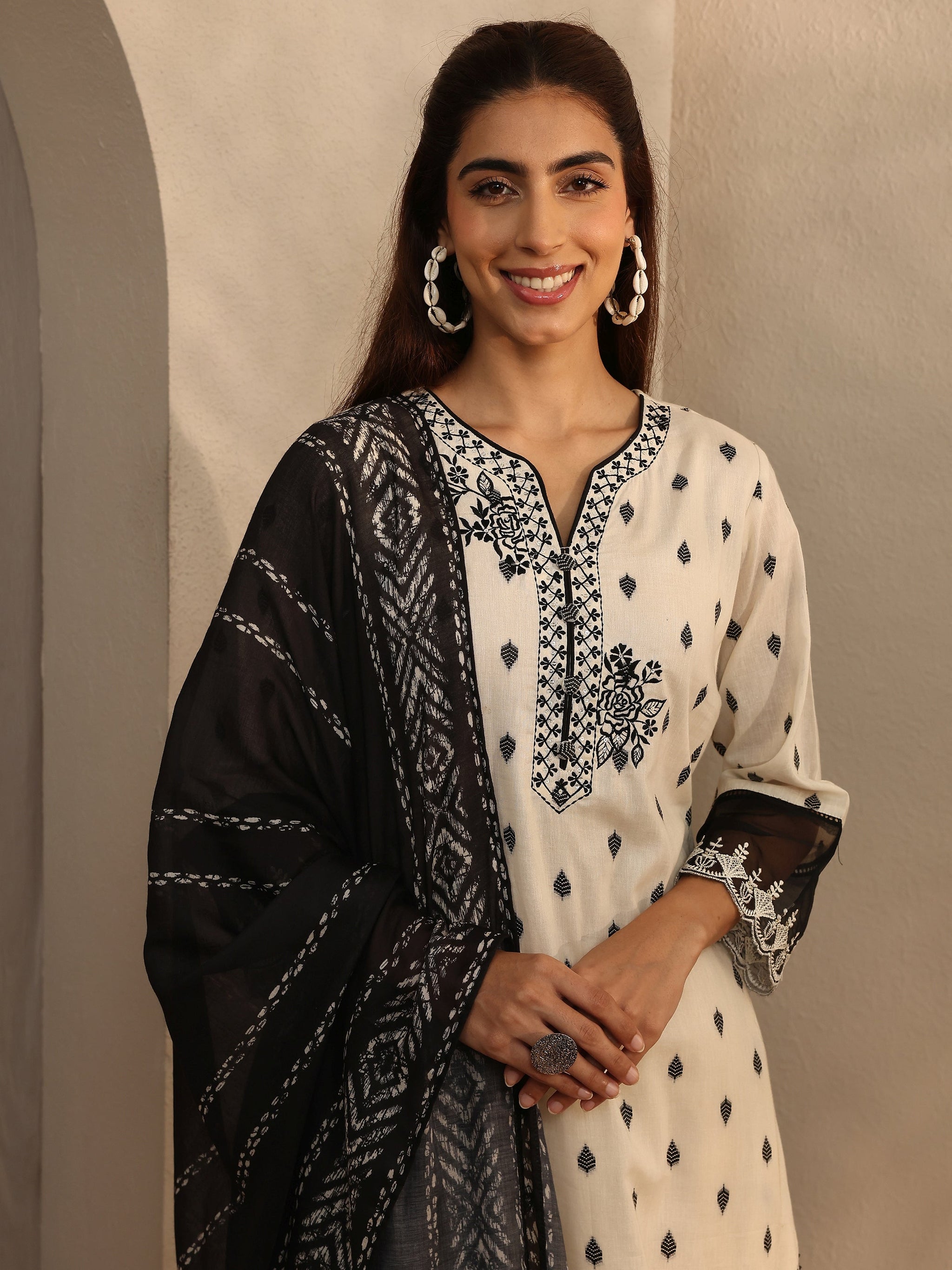 Libas Off White Floral Woven Design Cotton Blend Straight Suit Set With Dupatta