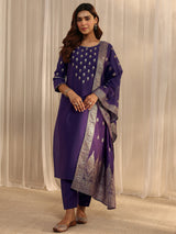 Libas Purple Floral Embroidered Silk Blend Straight Suit Set With Dupatta