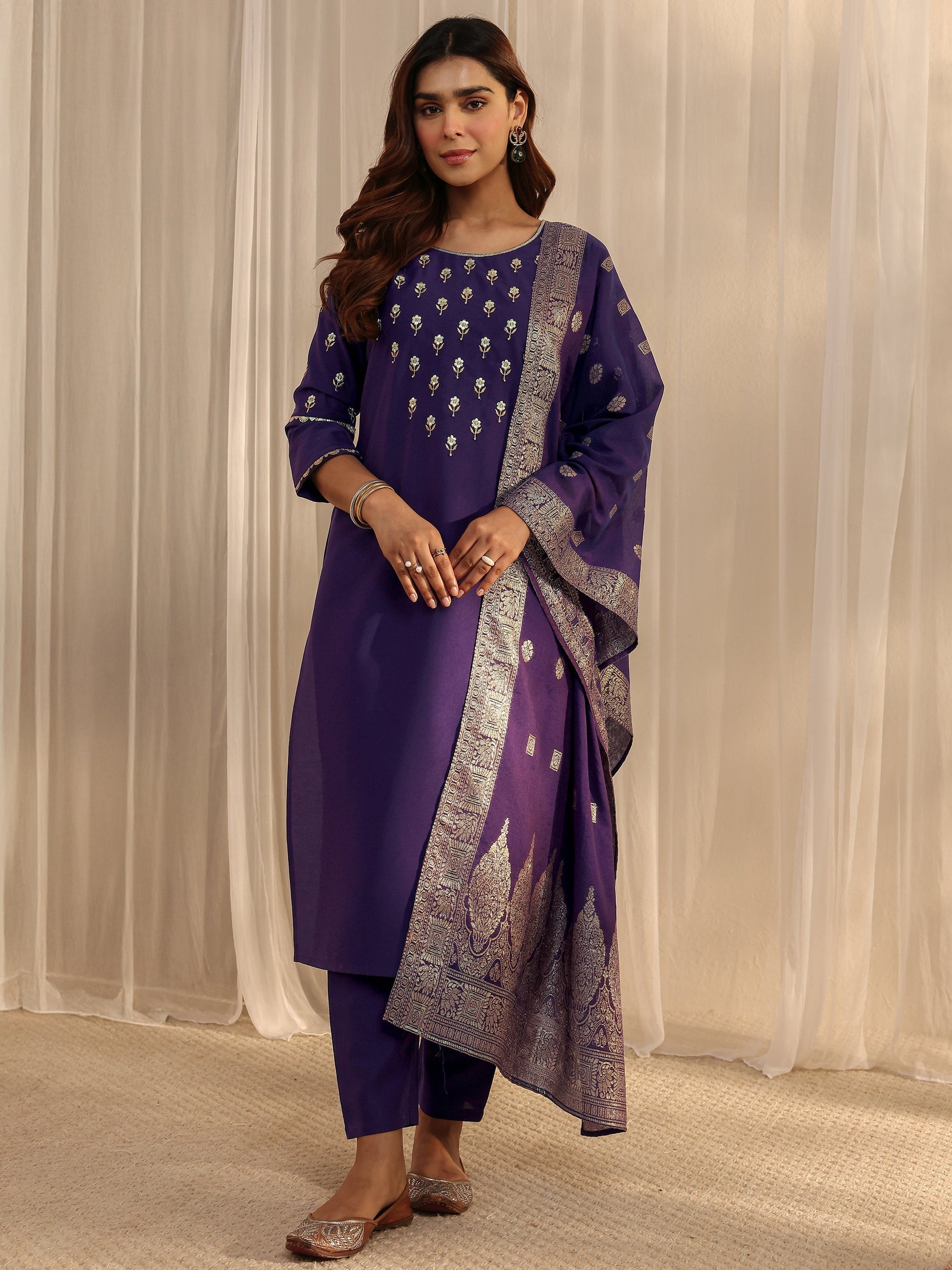 Libas Purple Floral Embroidered Silk Blend Straight Suit Set With Dupatta