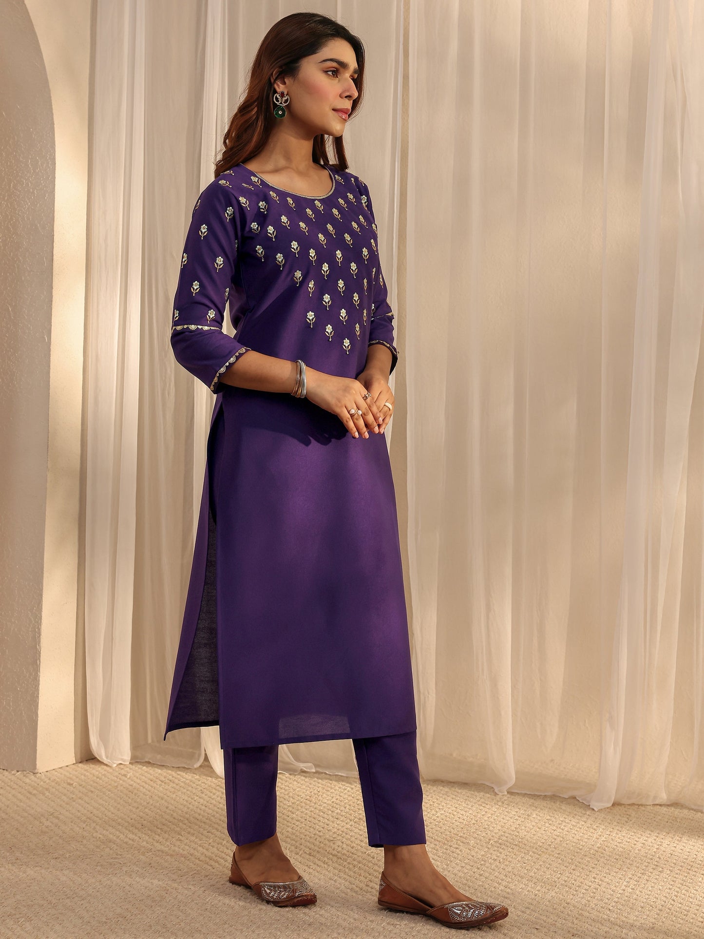 Libas Purple Floral Embroidered Silk Blend Straight Suit Set With Dupatta