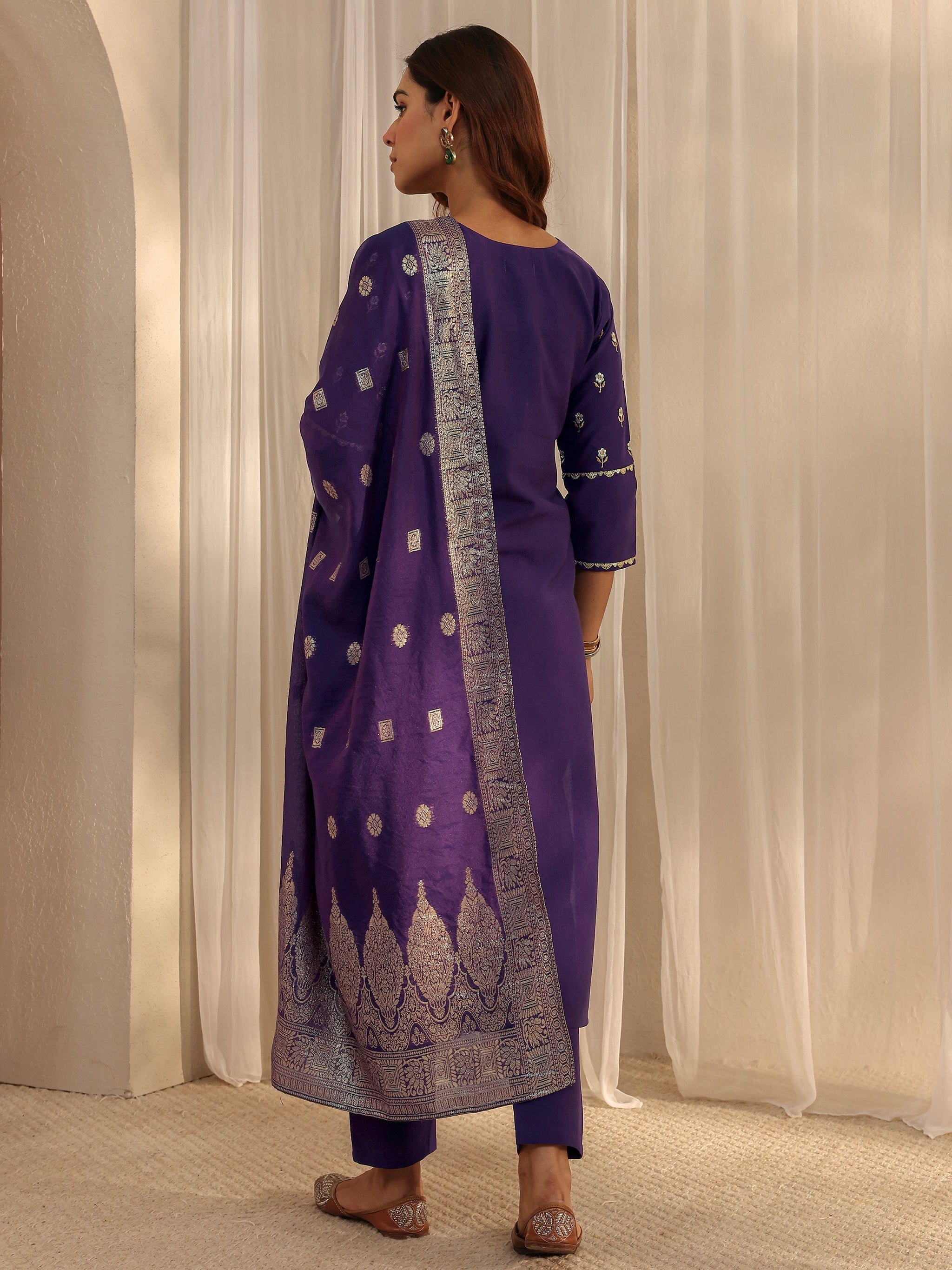 Libas Purple Floral Embroidered Silk Blend Straight Suit Set With Dupatta