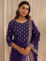 Libas Purple Floral Embroidered Silk Blend Straight Suit Set With Dupatta