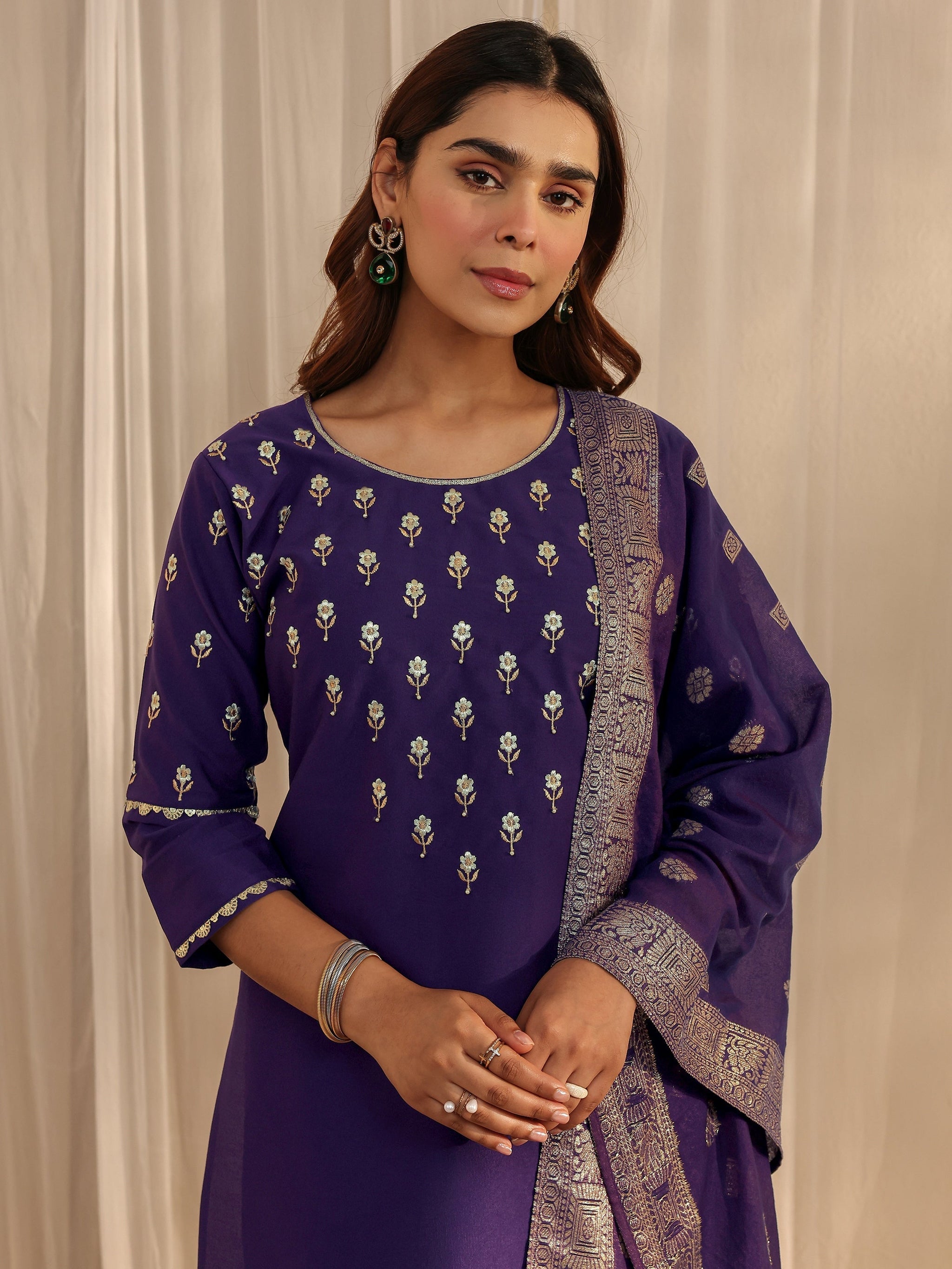 Libas Purple Floral Embroidered Silk Blend Straight Suit Set With Dupatta