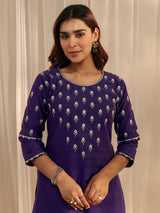 Libas Purple Floral Embroidered Silk Blend Straight Suit Set With Dupatta