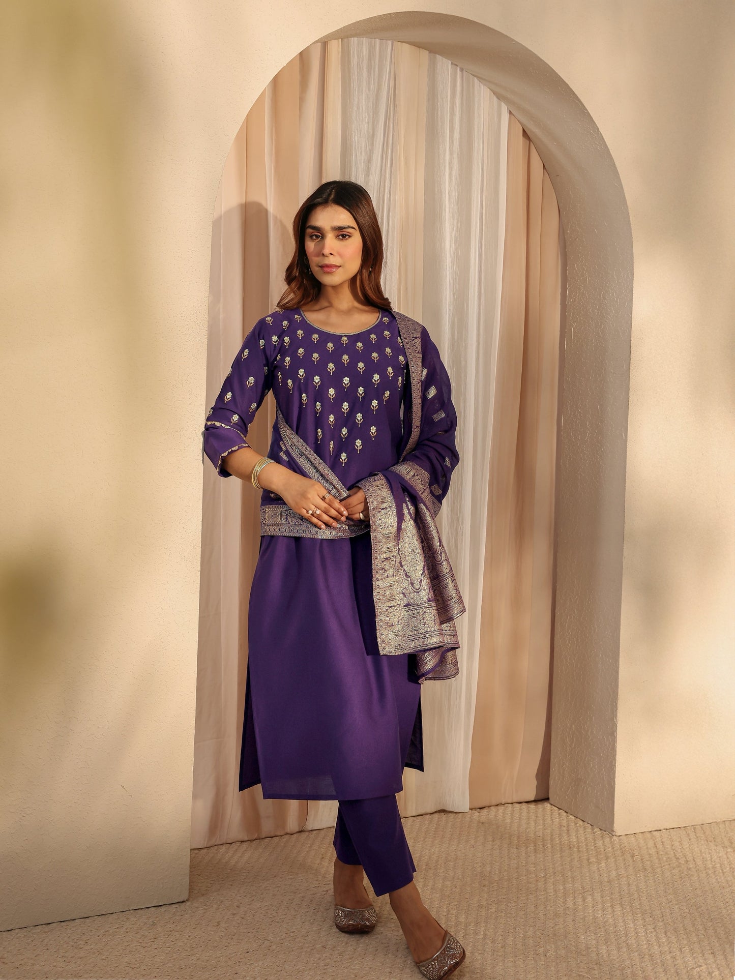 Libas Purple Floral Embroidered Silk Blend Straight Suit Set With Dupatta
