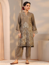 Libas Brown Floral Embroidered Silk Blend Co-Ord Set