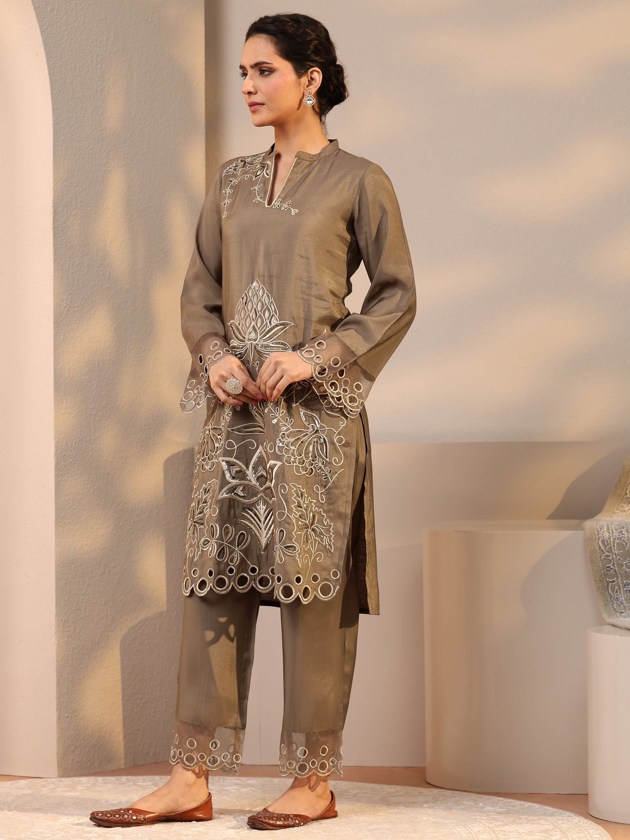 Libas Brown Floral Embroidered Silk Blend Co-Ord Set