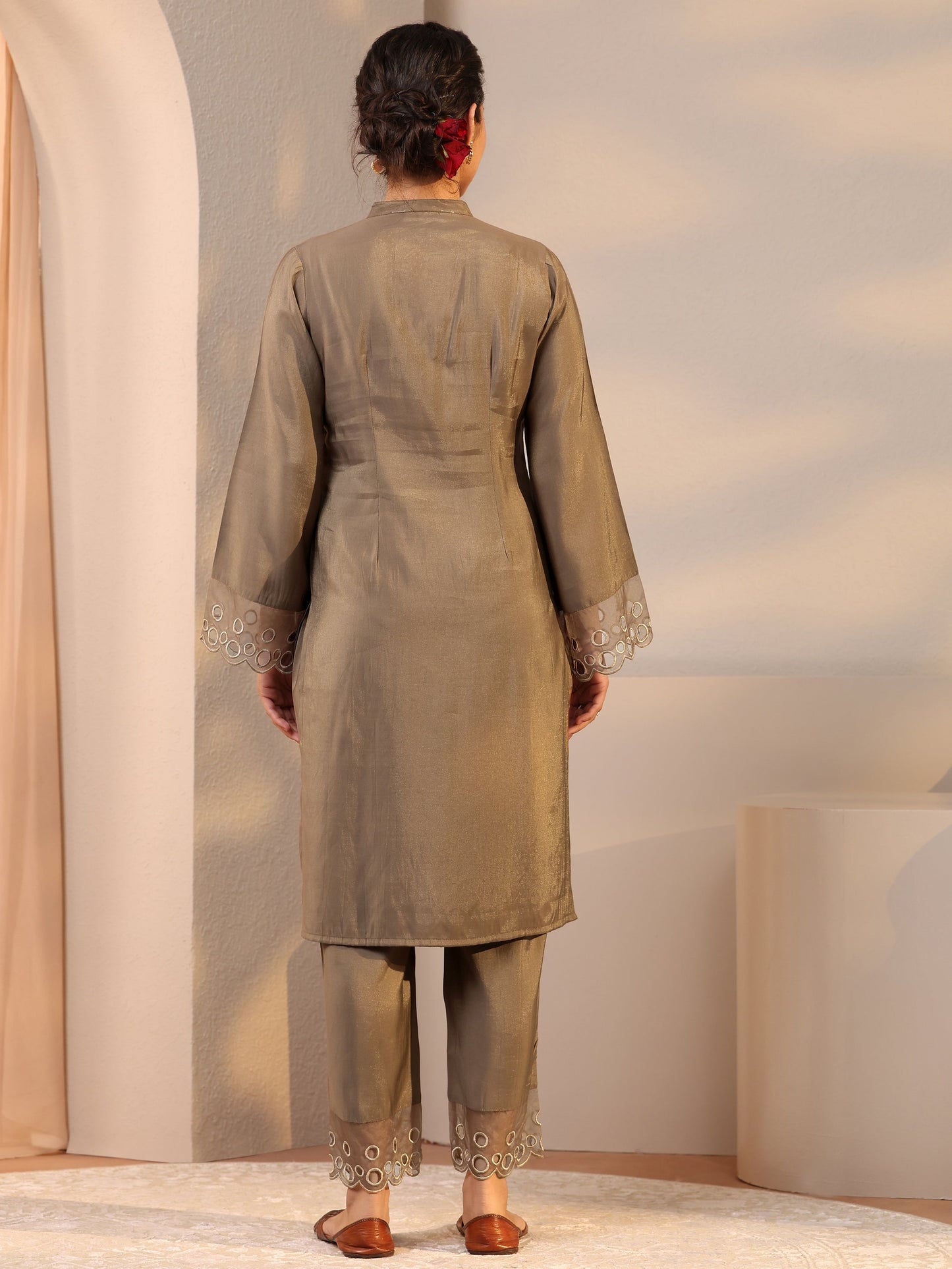 Libas Brown Floral Embroidered Silk Blend Co-Ord Set