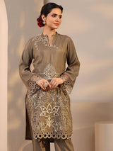 Libas Brown Floral Embroidered Silk Blend Co-Ord Set